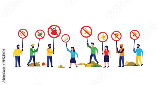 People protesting unhealthy food, holding signs with forbidden fruits and junk food