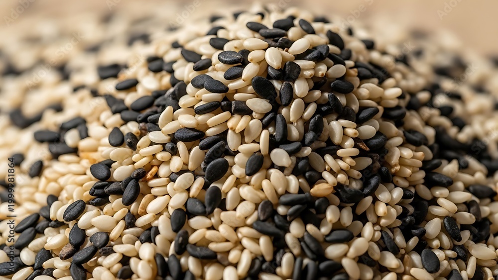 Obraz premium A pile of mixed black and white sesame seeds on a wooden surface