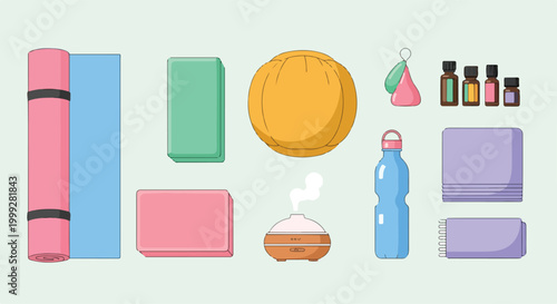 A colorful arrangement of yoga and wellness items