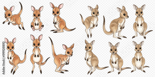 Cute cartoon baby kangaroos in various poses, an adorable collection of Australian marsupials.