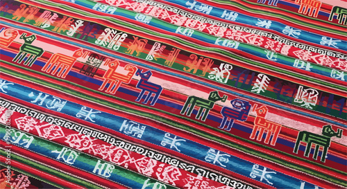 A colorful fabric with stripes and animal designs