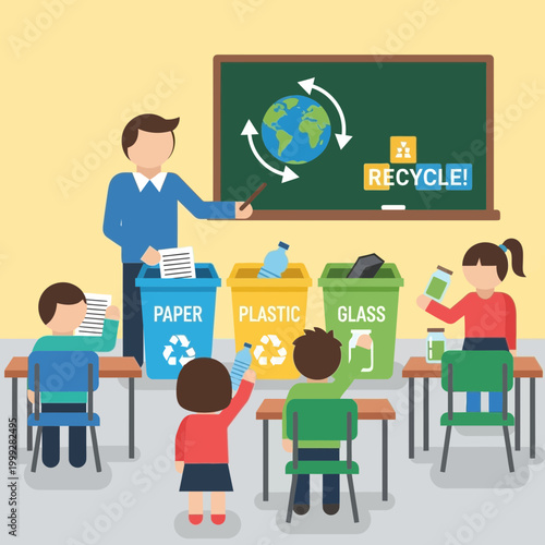 Teacher instructing children on recycling and environmental conservation in classroom.