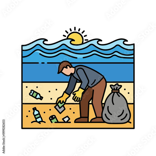 Person collecting trash on the beach during sunset.