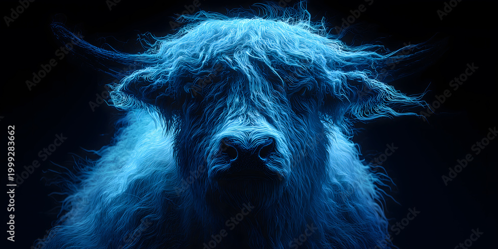 Naklejka premium Close-up of a yak composed of blue cool-toned light particles