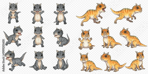 Set of cute baby dinosaur characters in various poses, including gray and orange versions, perfect for children's designs and animations.