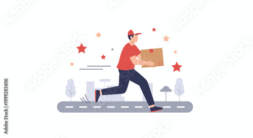 A delivery man runs on a road with a package on Labor Day surrounded by stars and plants in an urban landscape with buildings and trees.