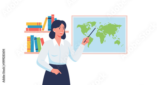 A woman teacher stands in front of a world map and bookshelves on Labor Day, explaining geography to students.