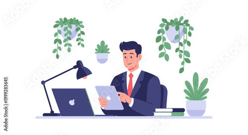 A businessman celebrates Labor Day by working diligently on his laptop and tablet at a desk surrounded by plants and a lamp.