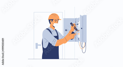 A worker in an orange helmet and blue overalls repairs an electrical panel on Labor Day morning in an industrial setting with tools and equipment.