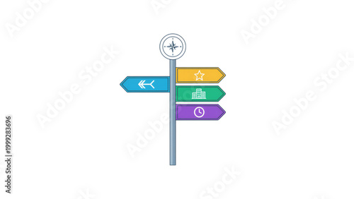 Road sign with colored directional arrows indicating various options  