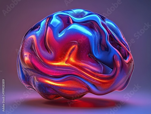 iridescent glossy brain-shaped sculpture with swirling metallic blue, red and purple hues floating above a soft gradient background, evoking wonder and futuristic curiosity