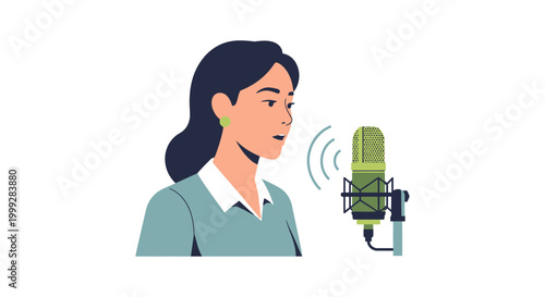 Woman speaks into microphone on Labor Day event with people listening and recording audio in a public speaking setting with audience and technology.