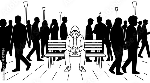 Lonely Man Sitting on Bench in Crowd Feeling Isolated and Depressed Illustration