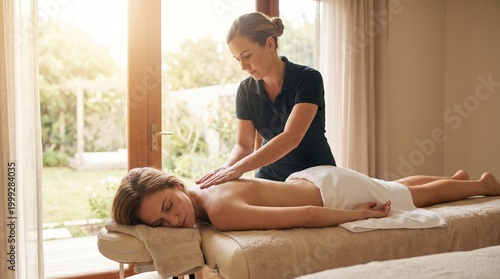 Woman receiving a relaxing back Deep Tissue Massage from a skilled therapist in a serene spa