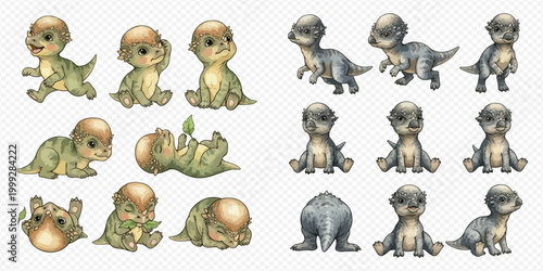 Cute baby dinosaurs in various poses, an adorable collection of prehistoric creatures.
