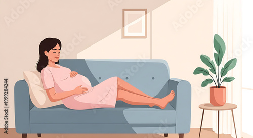 A serene pregnant woman finds peaceful relaxation at home, resting comfortably on a cozy couch, embracing her maternity journey with calm and tranquility