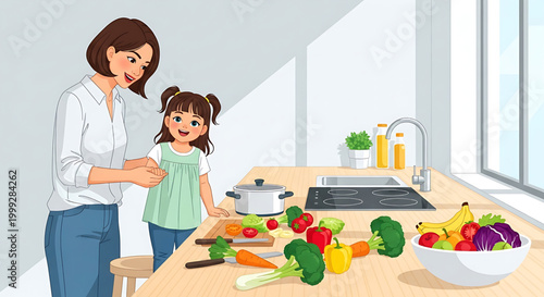 A mother and daughter happily preparing fresh vegetables and fruits in a bright kitchen for a healthy meal
