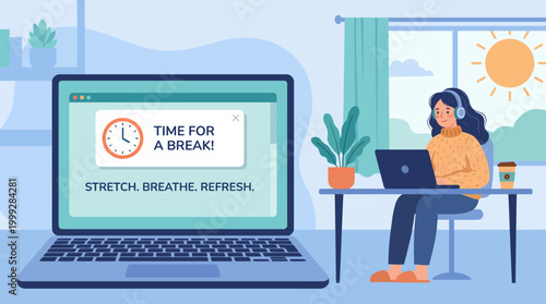Woman taking break from work on laptop at home