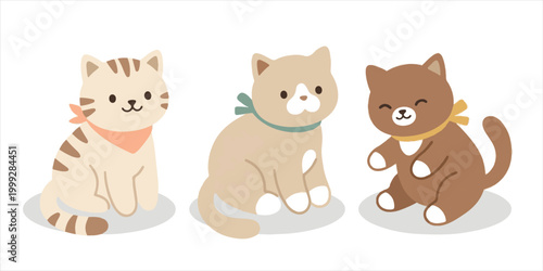 A cute cartoon illustration set featuring a funny cat and a brown puppy dog with a bone alongside a collection of toy teddy bear and lion icons for a fun animal vector art drawing