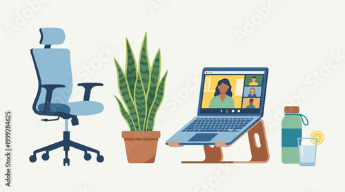 Remote work setup with laptop plant chair and refreshments