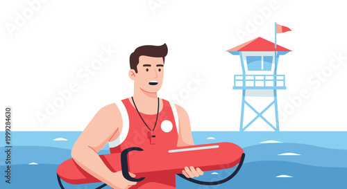 A lifeguard in a red uniform holds a rescue tube near a tower on Labor Day at the beach.