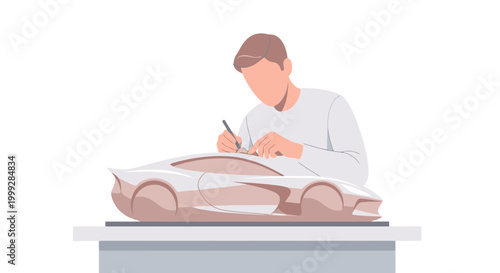 A man sits at a desk on Labor Day, signing documents next to a futuristic car, surrounded by industry papers and tools, with a focused expression, showcasing innovation and technology.