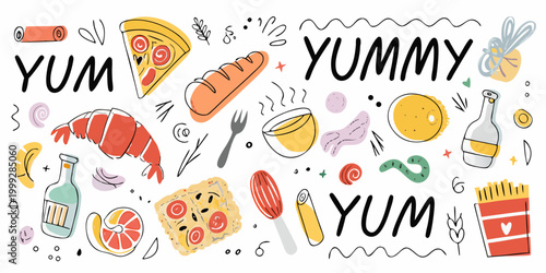 Food doodles playful hand drawn collection of culinary elements and lettering
