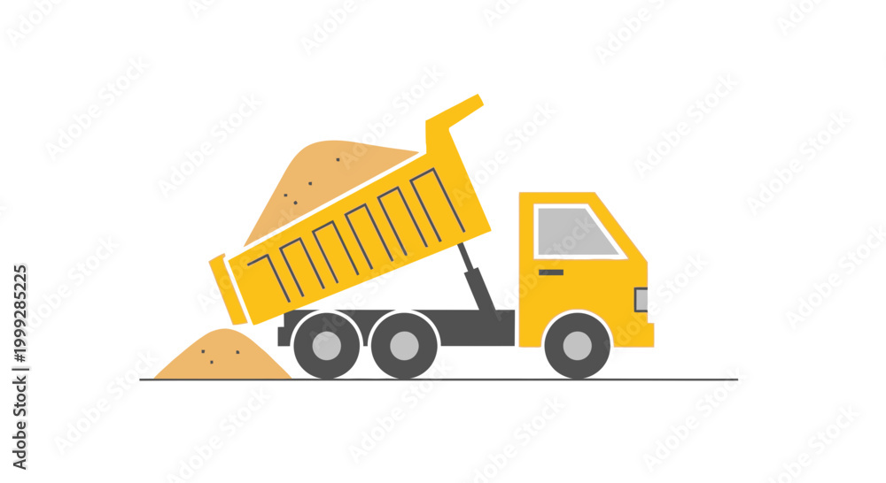 Naklejka premium Dump truck is unloading a pile of sand onto the ground on a white background for construction work.