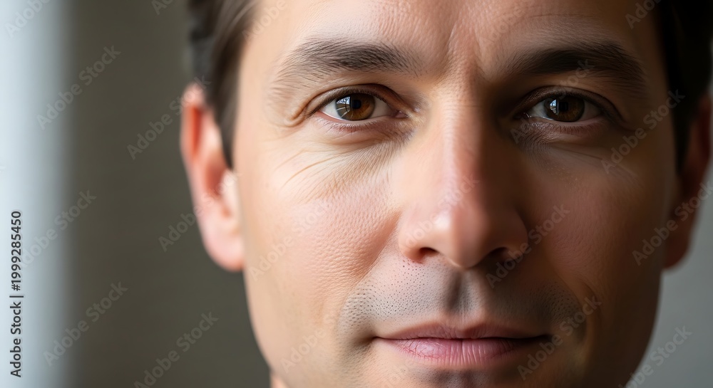 Obraz premium Close-up portrait of a middle-aged man with clear, healthy skin, suggesting a focus on grooming and personal care routines