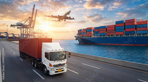 Global Logistics and Multimodal Transport Concept with Container Ship, Semi Truck, and Airplane at Sunset
