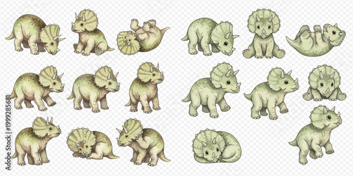 Set of cute baby triceratops dinosaurs in various poses, hand-drawn illustration.