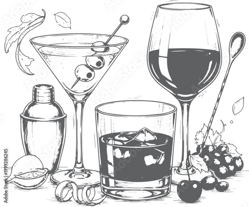Hand-drawn of cocktails, wine, and bar accessories