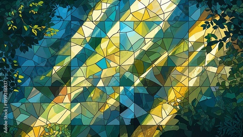 Geometric mosaic pattern with sunlight filtering through foliage silhouettes nature abstract concept