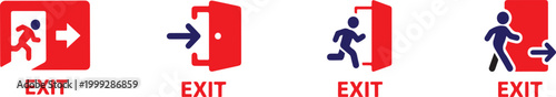 Emergency exit icon set with running people, door and arrow symbols for safety evacuation use.