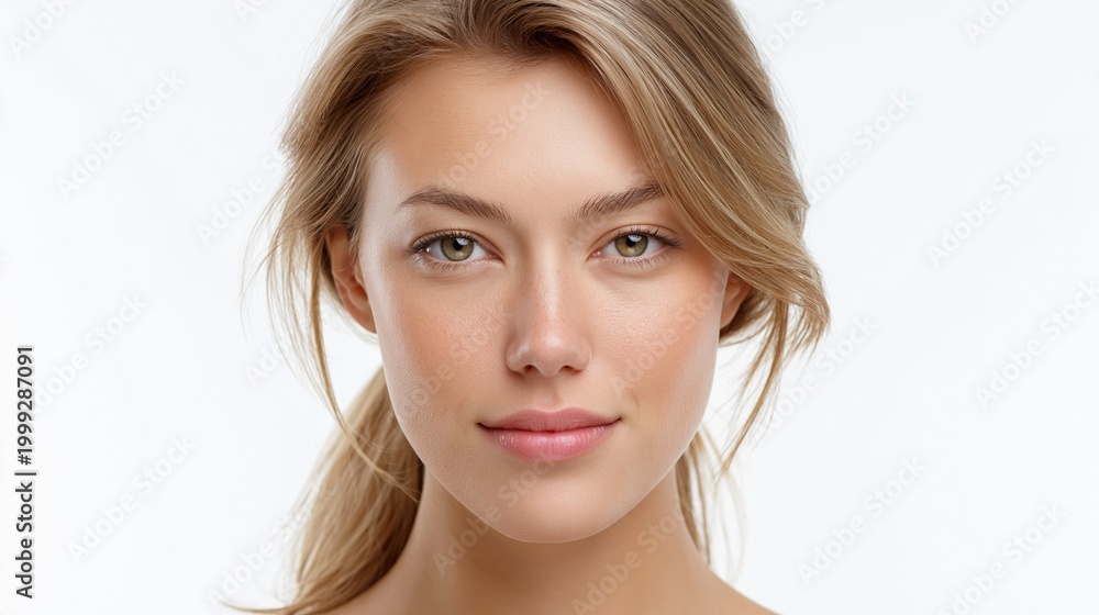 Naklejka premium Young woman with long blonde hair and natural makeup poses against a plain white background, showcasing a fresh and clean facial appearance