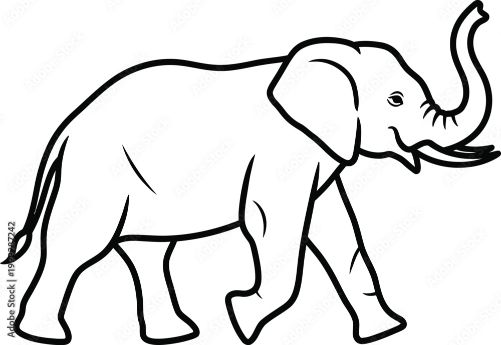 Fototapeta premium Walking elephant outline drawing with raised