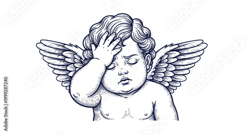 Cherub with hand on forehead, distressed angel, drawing, white background