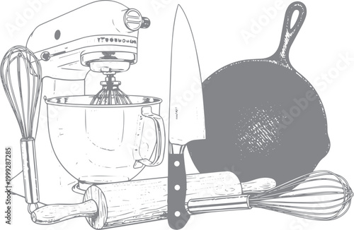 Kitchen mixer, whisk, rolling pin, knife, and skillet