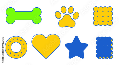 Dog treat icons: bone, paw print, biscuit, heart, star, donut, isolated on white