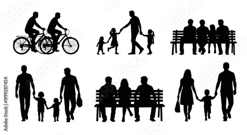 Family Silhouettes: People Cycling, Walking, Sitting on Bench, Togetherness