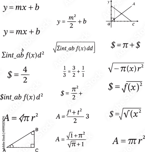 Mathematical equations, formulas, and geometric diagrams