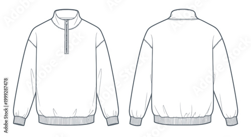 Fashion Illustration: Front and back view of a white quarter zip sweatshirt outline sketch