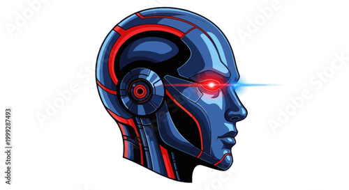 Photos Futuristic Robot Head Profile with Red Laser Eye - AI Concept