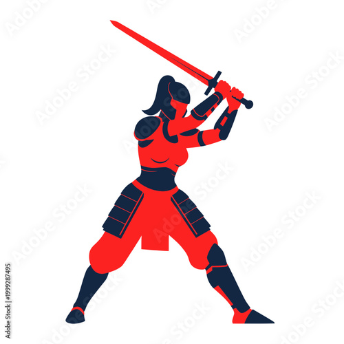 Female samurai warrior holding a red sword, dynamic pose, flat design