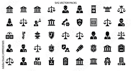 Law and Justice Icons Set: Court, Scales, Gavel, Judge, Lawyer, Courtroom, Law