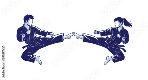 Martial Arts Duo Practicing Kicks - Karate, Taekwondo, Kung Fu