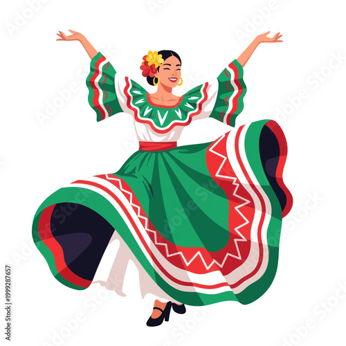 Mexican Dancer in Traditional Folkloric Dress Celebrating