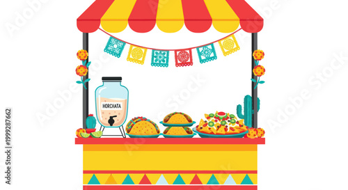 Mexican Fiesta Food Stand with Tacos, Nachos, and Horchata Drink