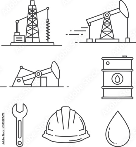 Oil industry oil derricks, barrel, wrench, and hard hat