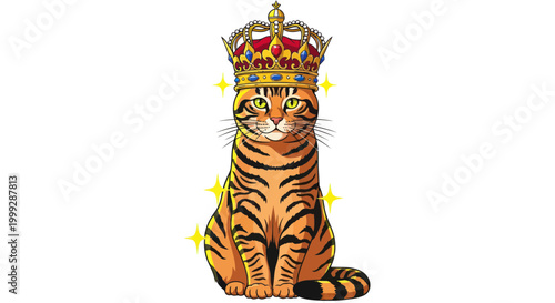 Royal Bengal Cat Wearing Golden Crown, Sitting Proudly, Sparkling Stars